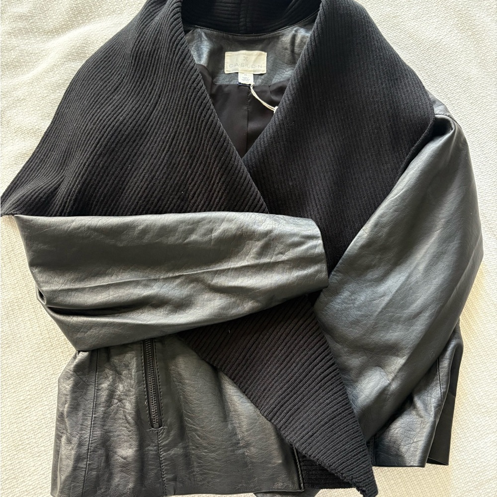 Caslon Black Leather Jacket with Knit Sweater Collar